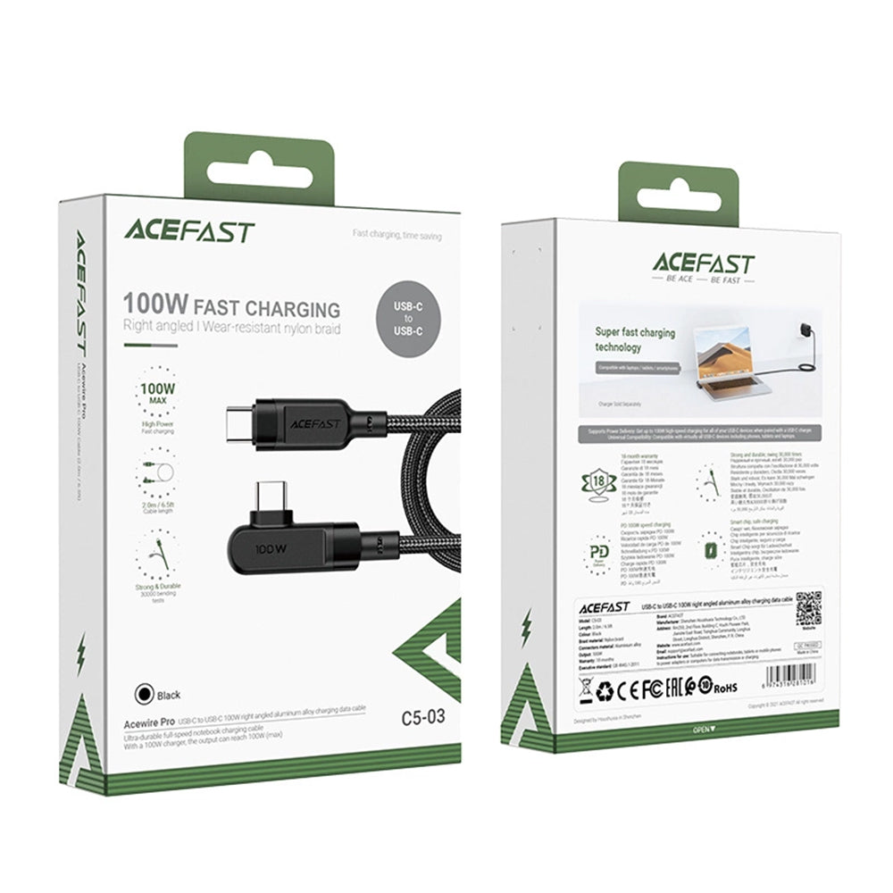 Cablu Acefast (C5-03), Fast Charging, Type-C to Type-C, 100W, 5A, Right Angle Design, Nylon Braid, 2m, Negru