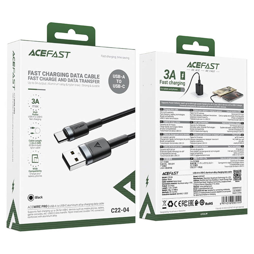 Cablu Acefast (C22-04), Fast Charge, USB to Type-C, 3A, Bend-Resistant, Wide Compatibility, Nylon Braid, 1.2m, Negru