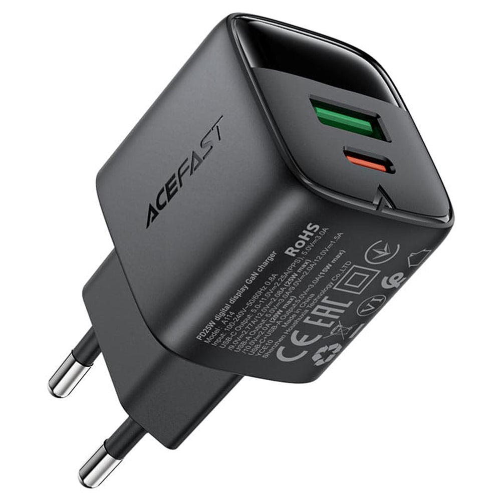 Incarcator Acefast (A114), with Digital Display, Fast Charging, GaN, USB, Type-C, PD25W, 5V/3A, Negru