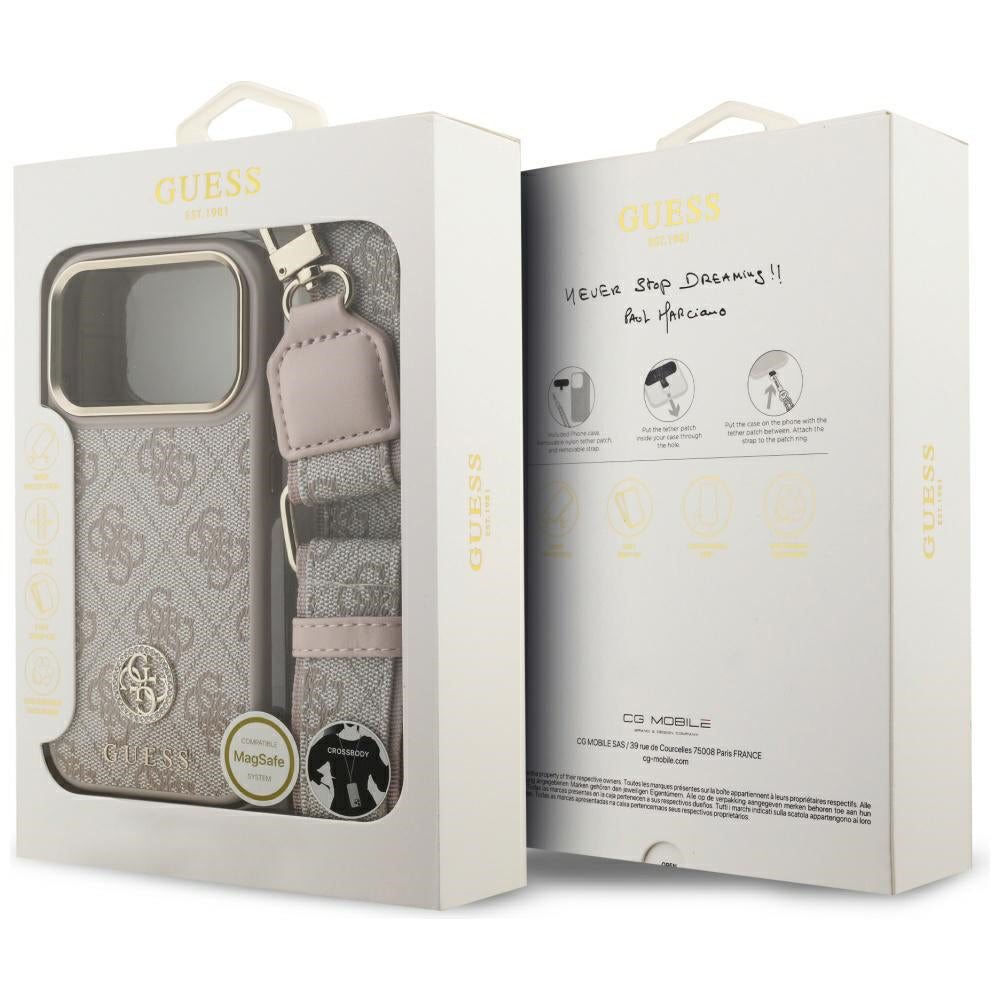 Husa de protectie Guess Hardcase 4G Strass Logo & Big Strap (GUHMP17LP4G4DCSP) compatibil cu iPhone 17 Pro, Roz