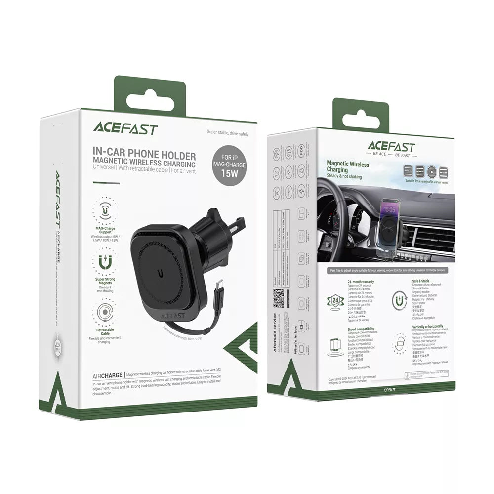 Suport Acefast with Wireless Charging (D32), for iPhone, MagSafe, Retractable Cable, for Air Vent, USB-C, 85cm, Negru