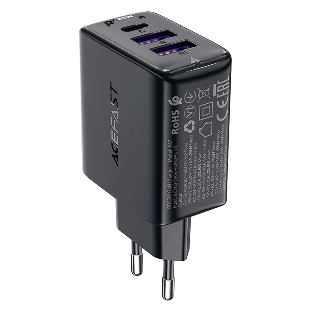 Incarcator Acefast (A57), GaN, Fast Charging, 2x USB, Type-C, PD35W, Smart Chip, Negru