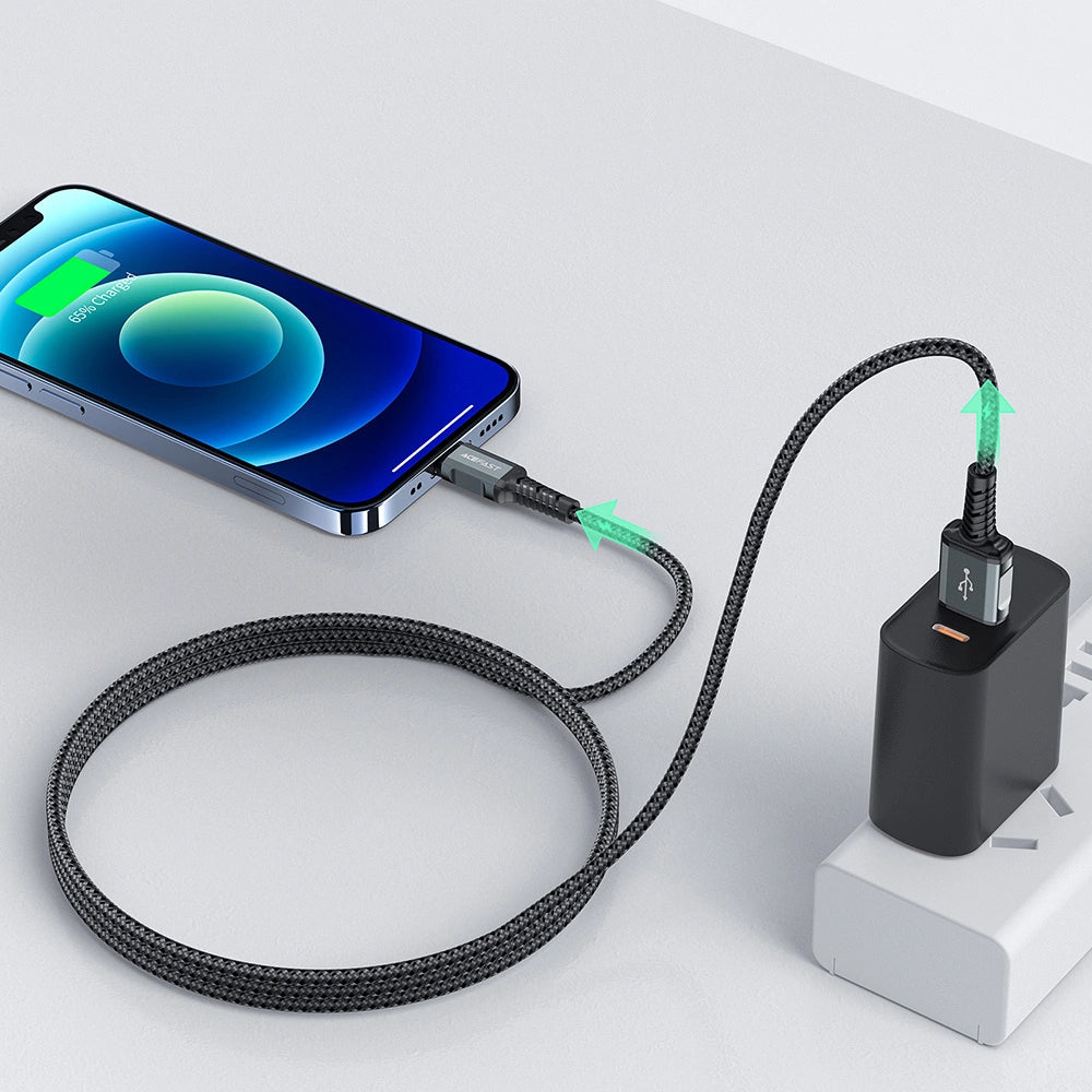 Cablu Acefast (C1-02), USB to Lightning, 2.4A, Fast Charging, MFi Certification, Nylon Braid, 1.2m, Negru