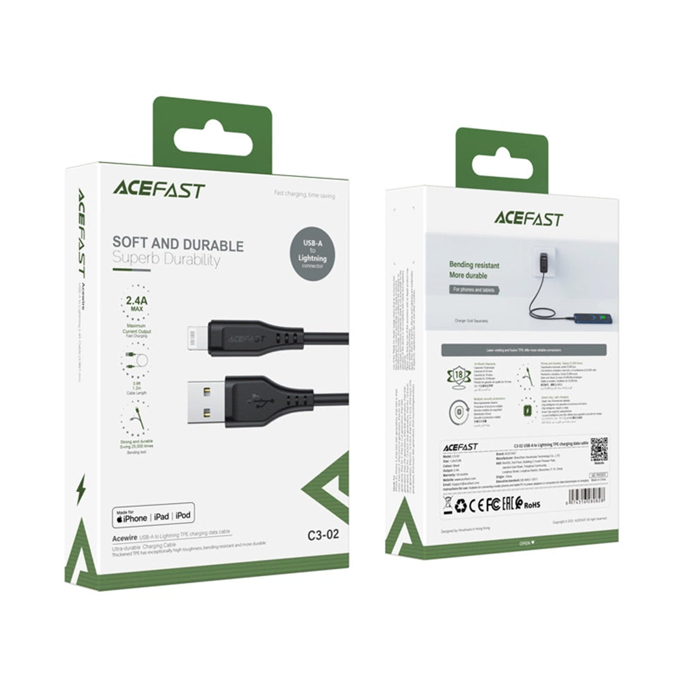 Cablu Acefast (C3-02), USB to Lightning, 2.4A, 480Mbps, MFi Certification, 1.2m, Negru