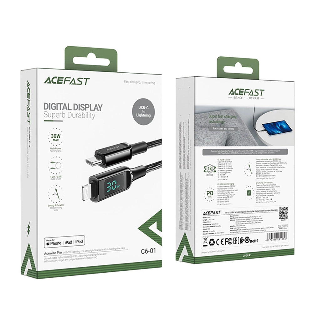 Cablu Acefast (C6-01), Type-C to Lightning, Fast Charging, 3A, LED Display, 1.2m, Negru