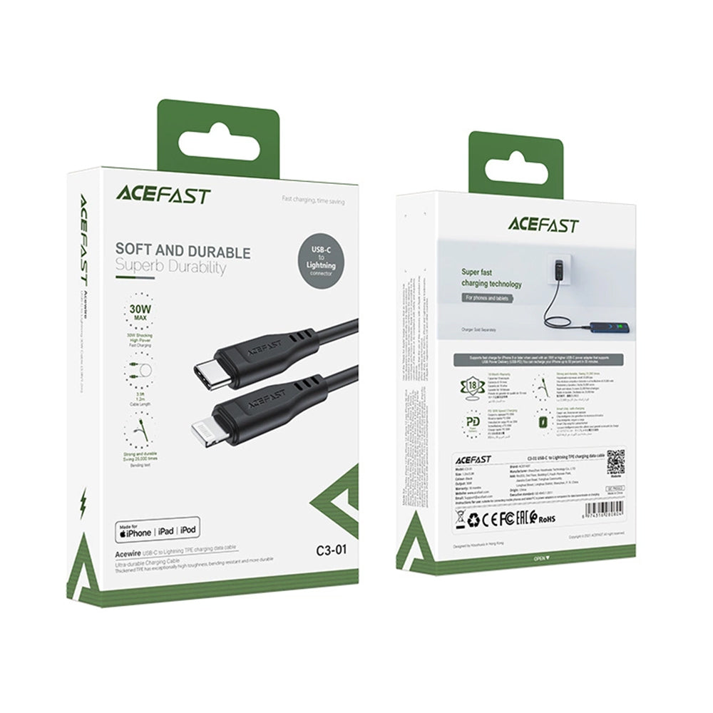 Cablu Acefast (C3-01), Type-C to Lightning, 30W, 3A, Fast Charging, 1.2m, Negru