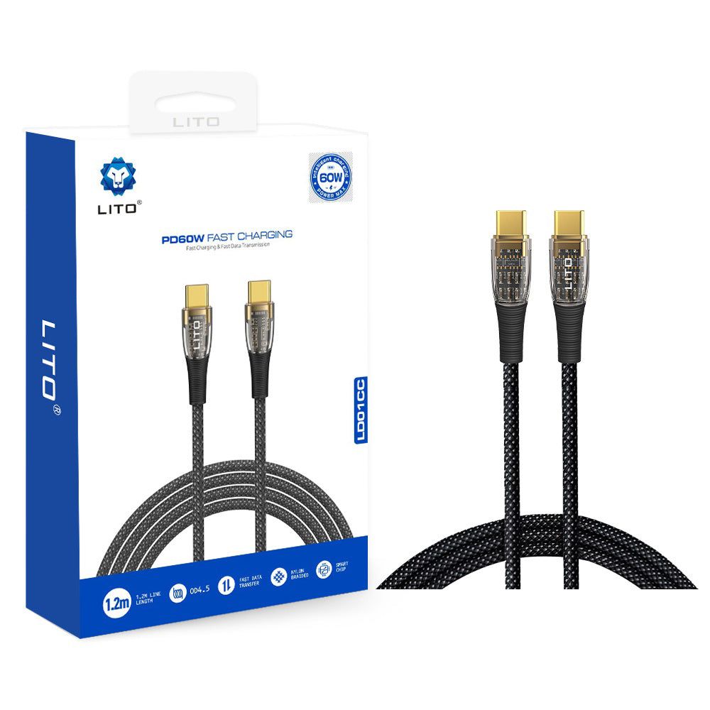 Cablu Lito Transparent (LD01), Type-C to Type-C, Fast Charging 60W, Braided, Gold Plated Interface, 1.2m, Negru
