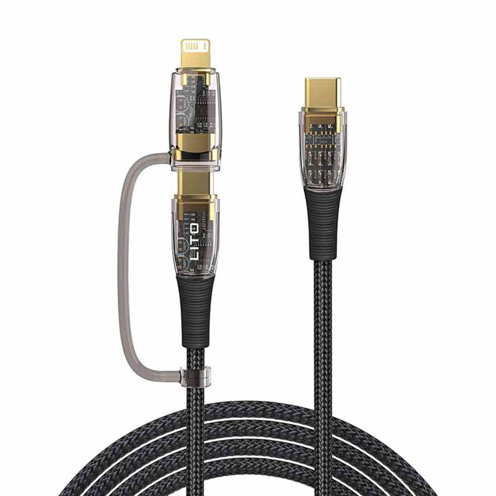 Cablu Lito Transparent 2in1 (LD12), Type-C to Type-C, Lightning, Fast Charge, Braided, Anti-oxidant, Negru