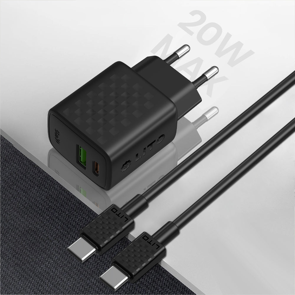 Incarcator Lito (LC15T), with Type-C Cable Included, Type-C, USB Output, PD20W, GaN, PC Fireproof, EU Plug, Negru