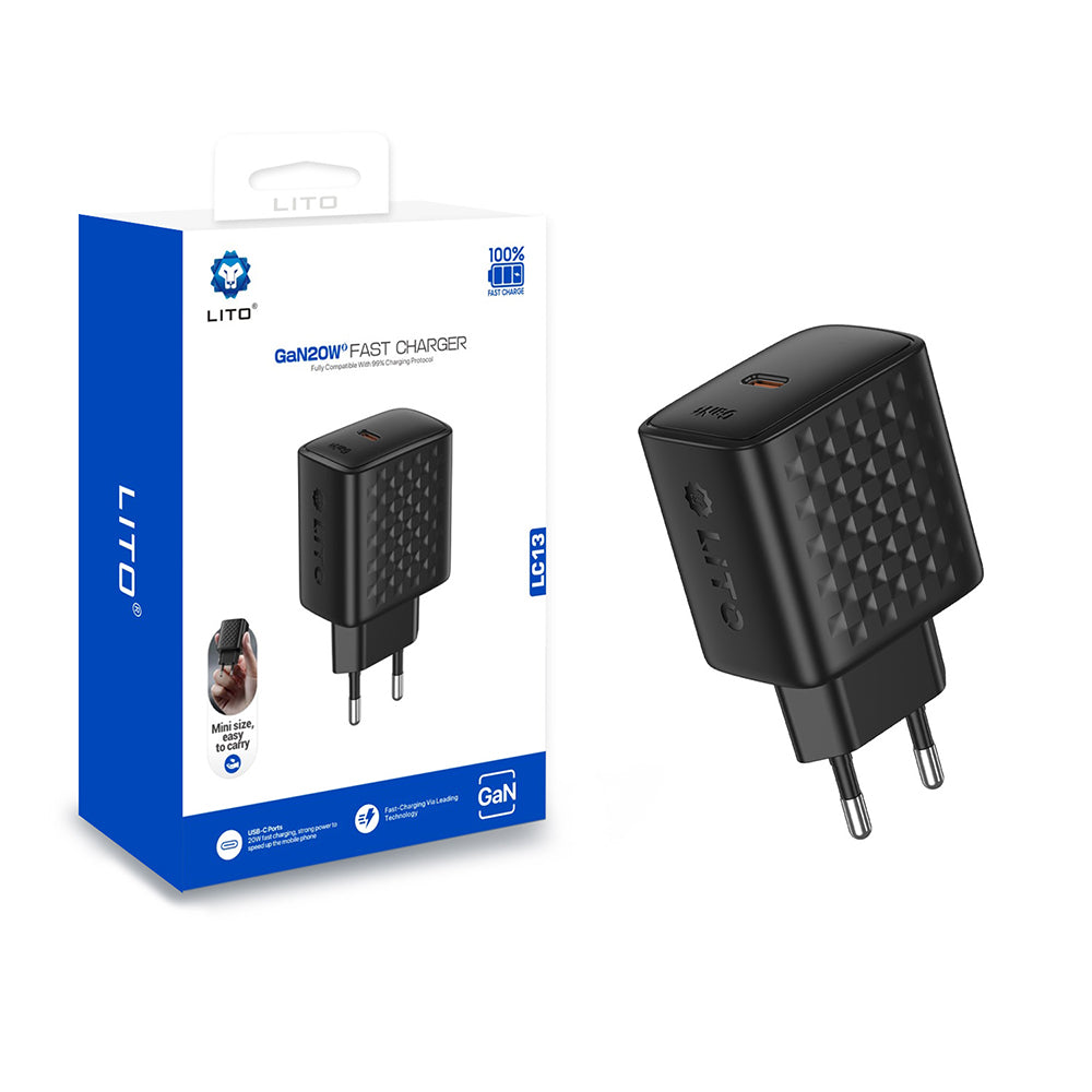 Incarcator Lito (LC13), Type-C, PD20W, GaN, PC Fireproof, EU Plug, Negru