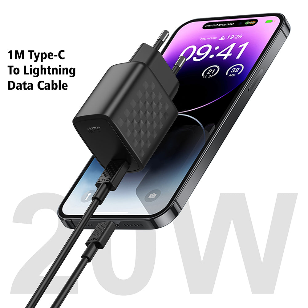 Incarcator Lito (LC13L), with Lightning Cable Included, Type-C, PD20W, GaN, PC Fireproof, EU Plug, Negru