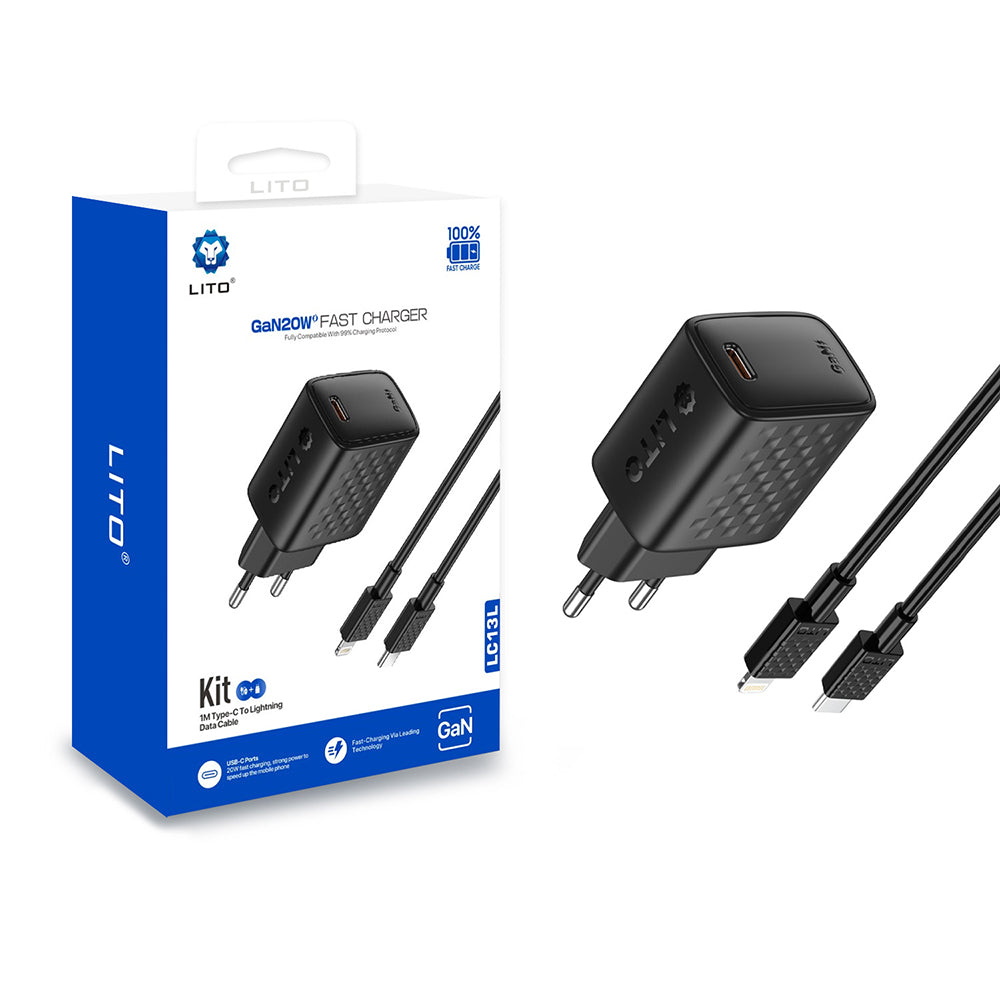 Incarcator Lito (LC13L), with Lightning Cable Included, Type-C, PD20W, GaN, PC Fireproof, EU Plug, Negru