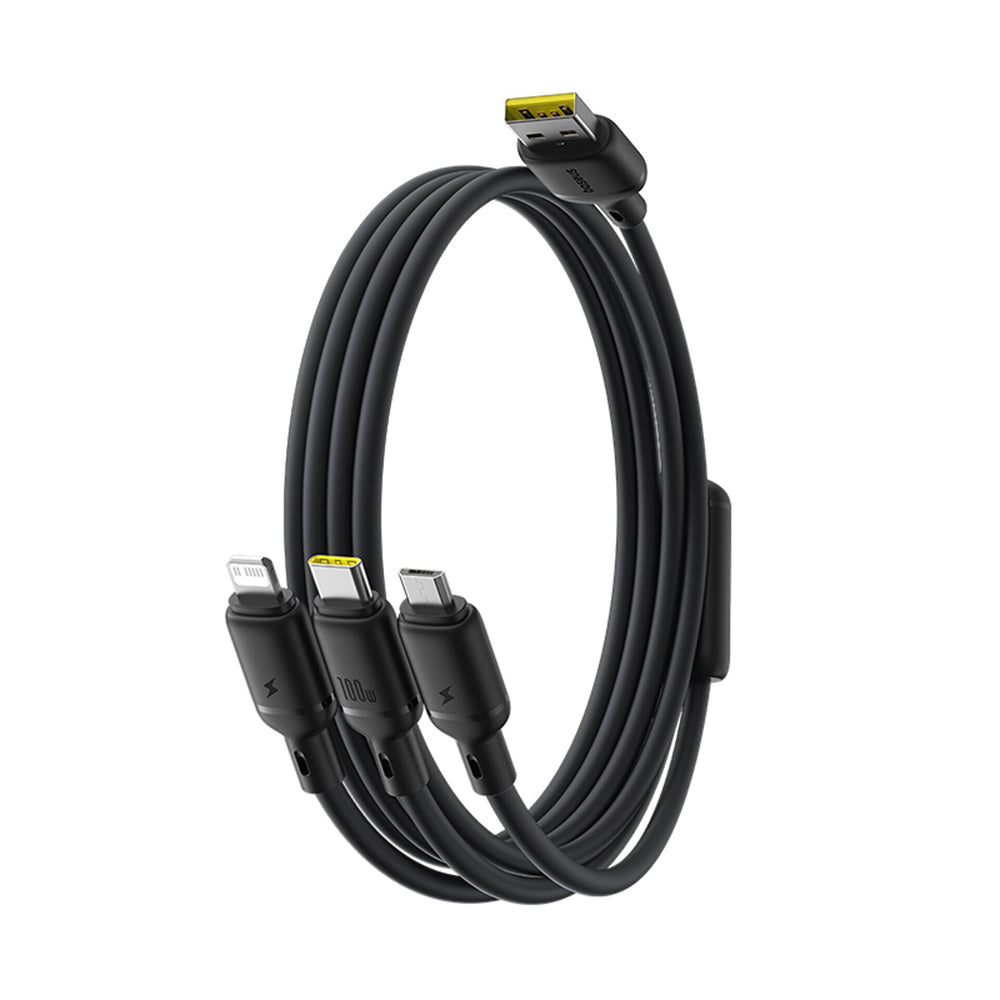 Cablu Baseus Silky (P10377705123-00), Fast Charge, USB to USB-C, Lightning, Micro-USB, 100W, 480Mbps, 1.5m, Negru