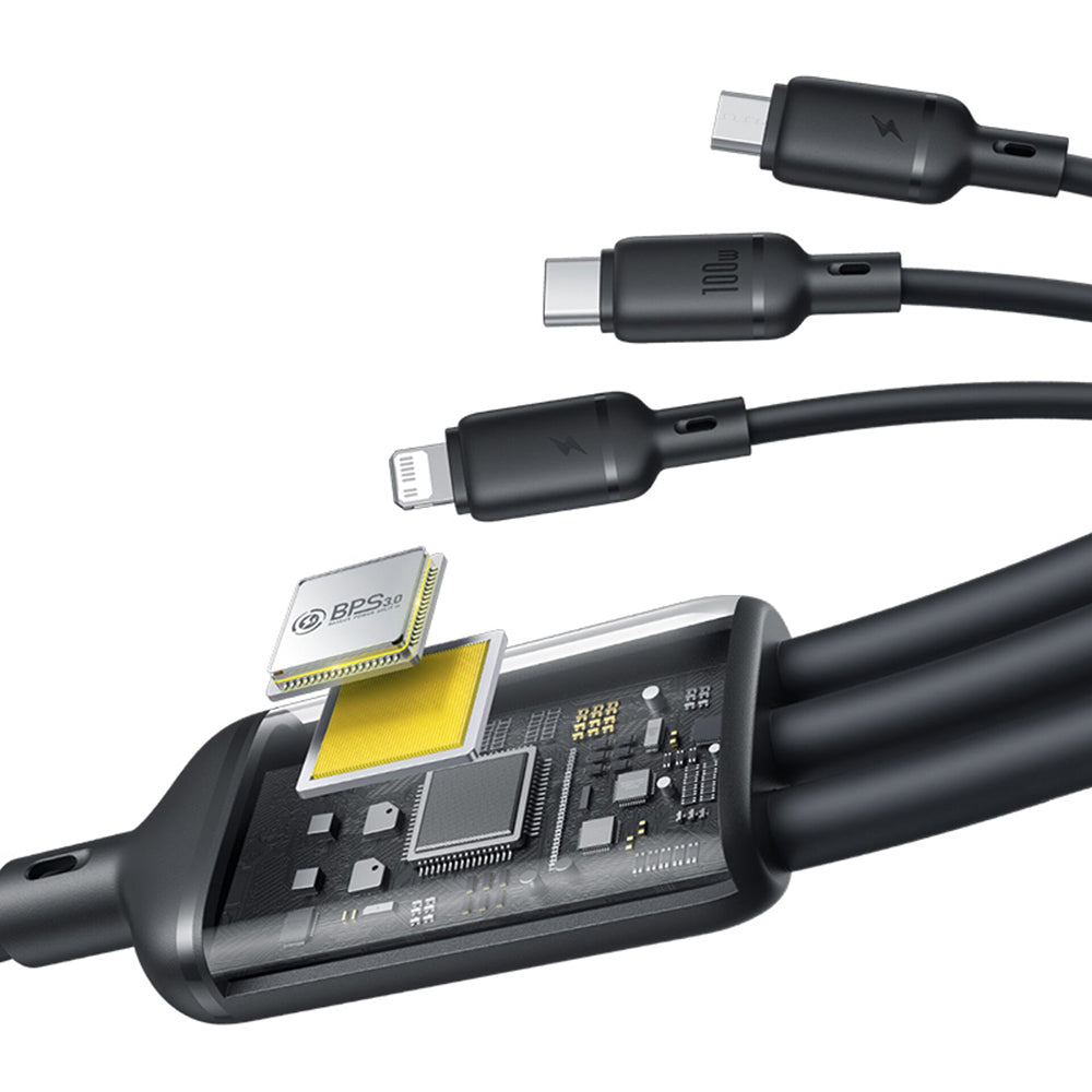 Cablu Baseus Silky (P10377705123-00), Fast Charge, USB to USB-C, Lightning, Micro-USB, 100W, 480Mbps, 1.5m, Negru