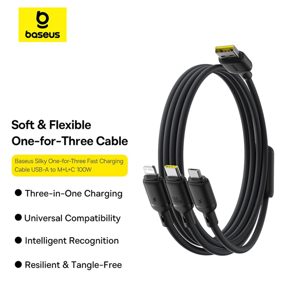 Cablu Baseus Silky (P10377705123-00), Fast Charge, USB to USB-C, Lightning, Micro-USB, 100W, 480Mbps, 1.5m, Negru