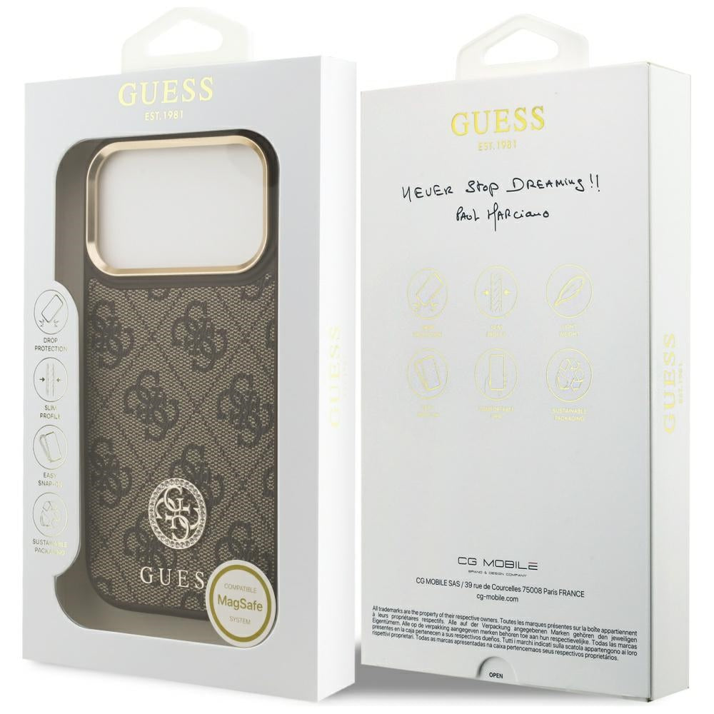 Husa de protectie Guess Hardcase 4G Strass Logo MagSafe (GUHMP17LP4GRMDEW) compatibil cu iPhone 17 Pro, Maro
