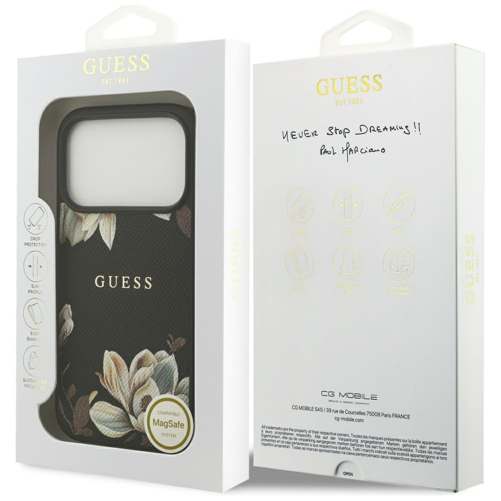Husa de protectie Guess Grained Flowers MagSafe compatibil cu iPhone 17 Pro, Negru