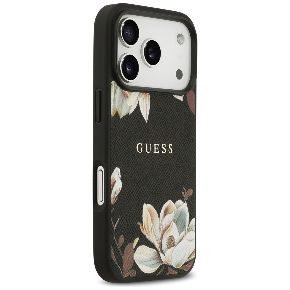 Husa de protectie Guess Grained Flowers MagSafe compatibil cu iPhone 17 Pro, Negru