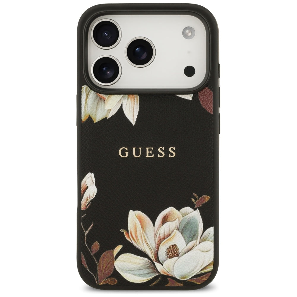Husa de protectie Guess Grained Flowers MagSafe compatibil cu iPhone 17 Pro, Negru