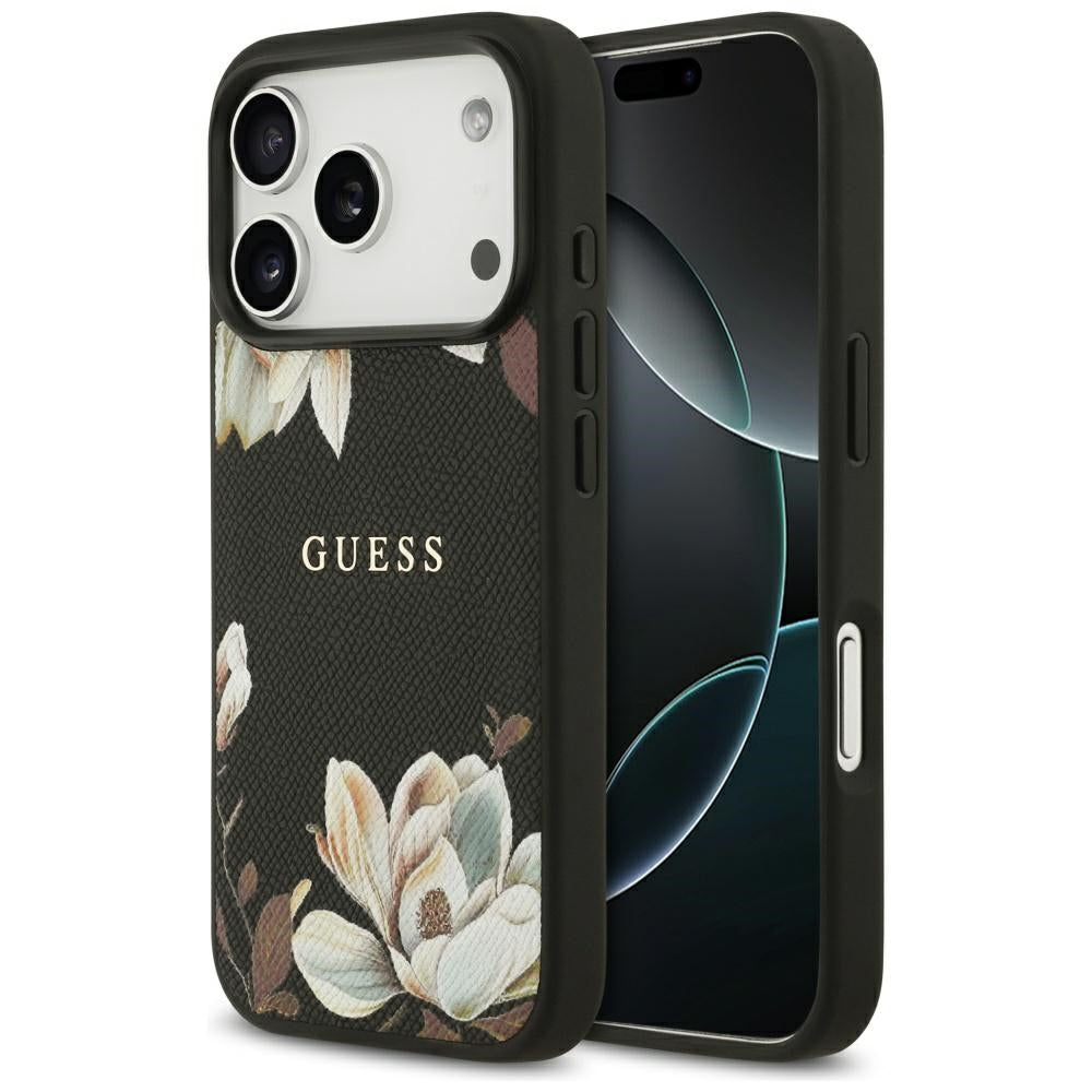 Husa de protectie Guess Grained Flowers MagSafe compatibil cu iPhone 17 Pro, Negru