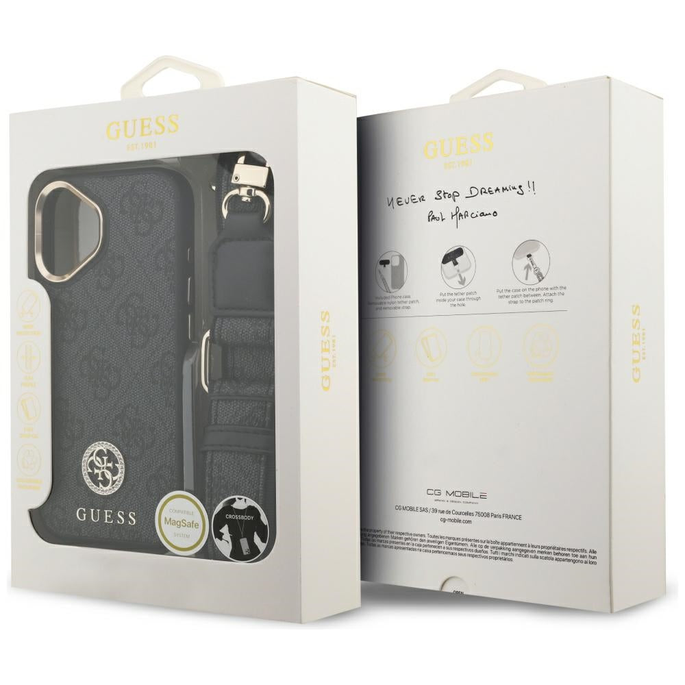 Husa de protectie Guess 4G Strass Logo with Big Strap Metal Button MagSafe (GUHMP17SP4G4DCSK) compatibil cu iPhone 17, Negru