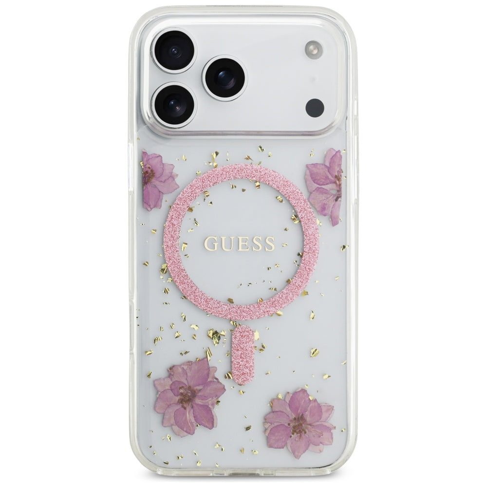 Husa de protectie Guess Resin Flowers and Glitter compatibil cu iPhone 17 Pro, Roz