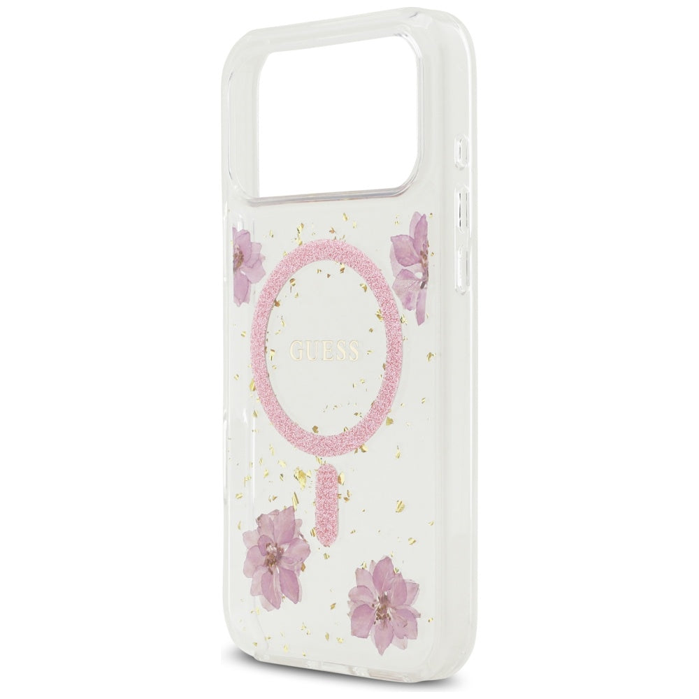 Husa de protectie Guess Resin Flowers and Glitter compatibil cu iPhone 17 Pro, Roz