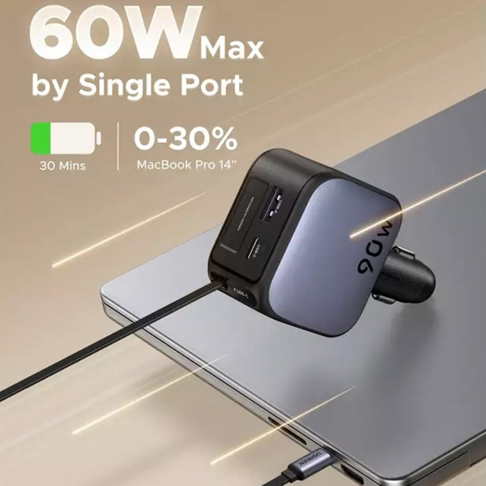 Incarcator Ugreen Car EC603 (55909B), with Retractable USB-C Cable, Dual-Port, 90W, Quick Charge, 70cm, Negru