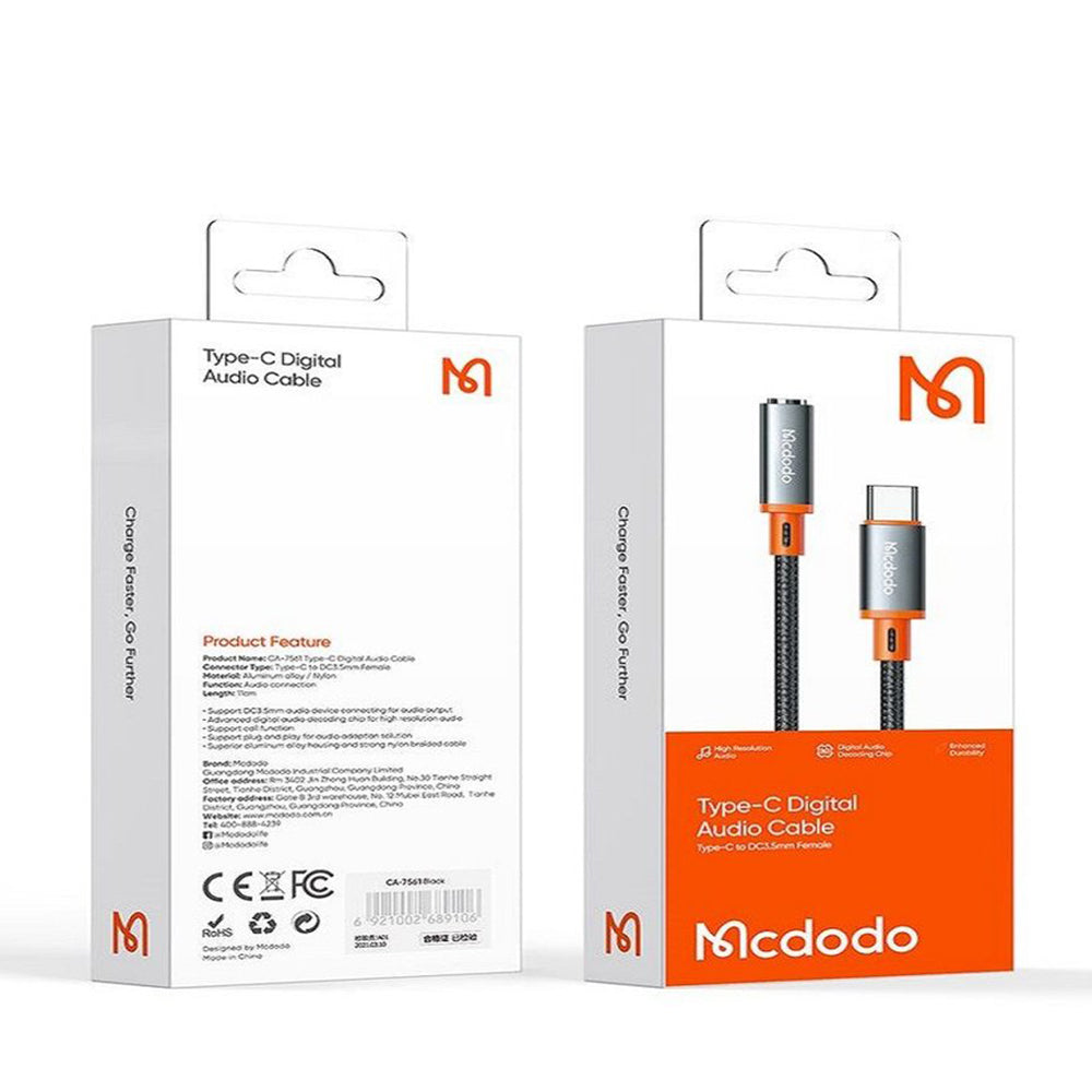 Adaptor Mcdodo Audio Adapter (CA-7561), Type-C Male to Jack 3.5mm Female, Nylon Braided, 0.11m, Negru
