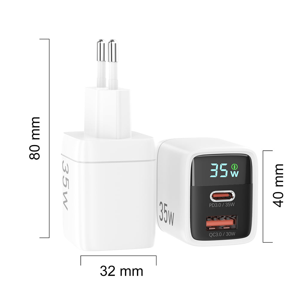 Incarcator Techsuit LEDChargX (CH3), Type-C, USB, GaN Technology, Fast Charge, LED Display, PD35W, Negru
