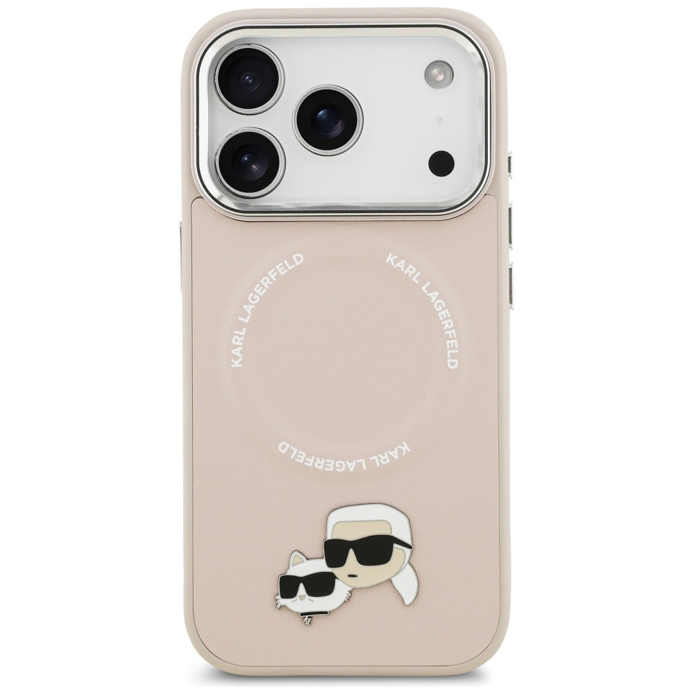 Husa de protectie Karl Lagerfeld Leather Karl & Choupette Pins MagSafe (KLHMP17XPSMLRKCP) compatibil cu iPhone 17 Pro Max, Roz