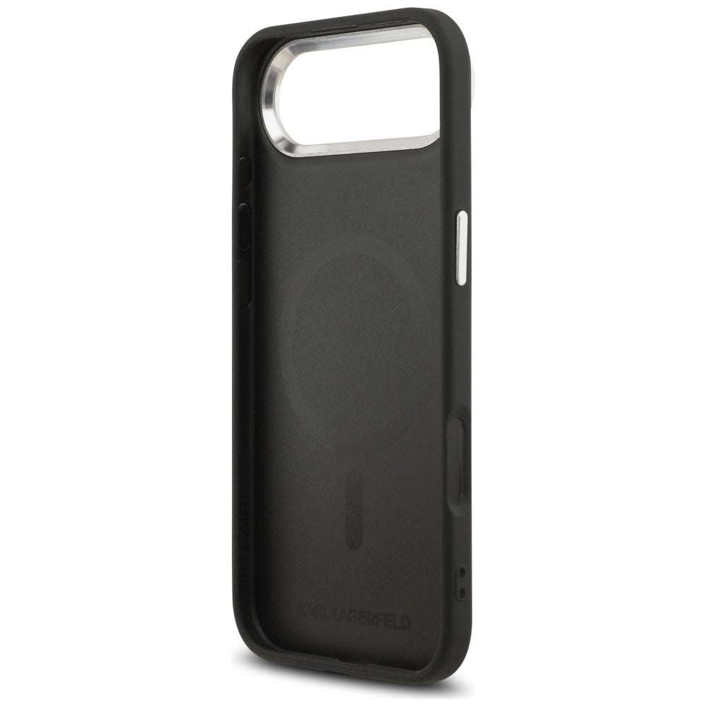 Husa de protectie Karl Lagerfeld Leather Karl Pin MagSafe (KLHMP17MPSMLRKLK) compatibil cu iPhone 17 Air, Negru