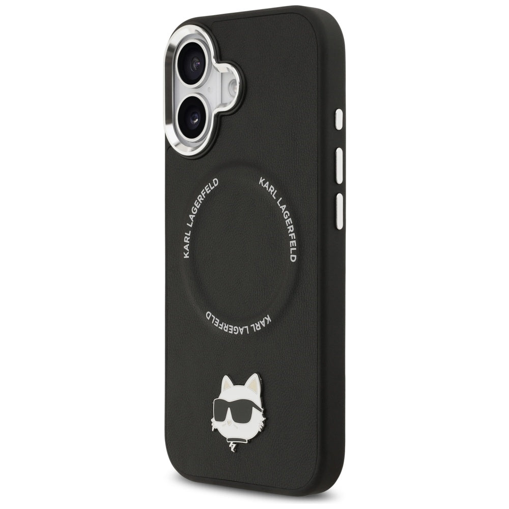 Husa de protectie Karl Lagerfeld Leather Choupette Pin MagSafe (KLHMP17SPSMLRCHK) compatibil cu iPhone 17, Negru