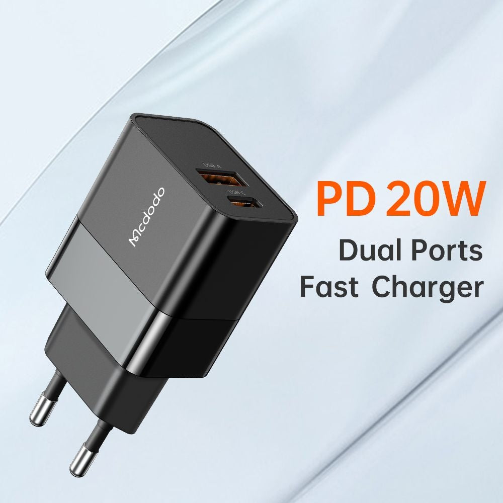 Incarcator Mcdodo Hydrogen Series (CH-1951), Dual Port, 20W, Fast Charger, Fireproof PC, Negru