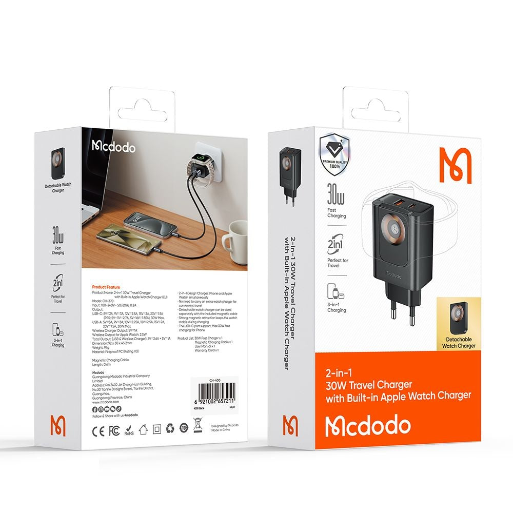 Incarcator Mcdodo (CH-3700), USB-A / USB-C, 30W, Apple Watch, Negru
