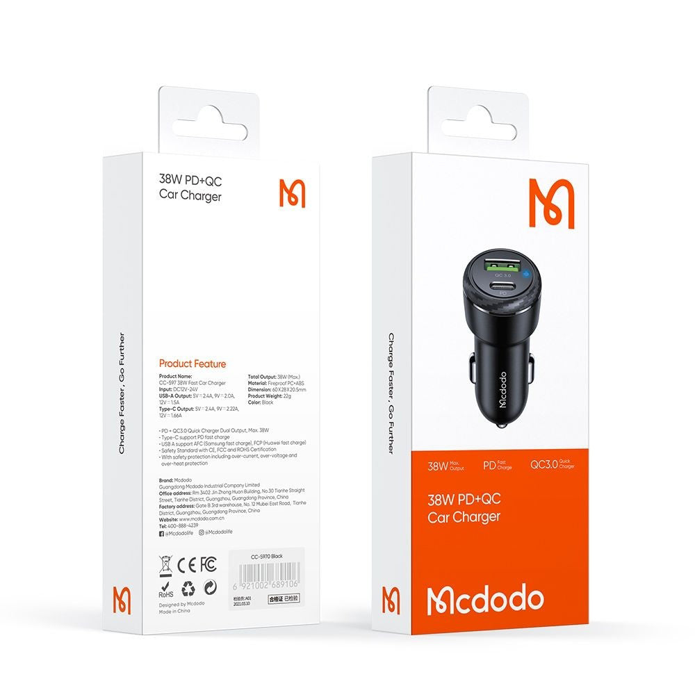 Incarcator Mcdodo Car (CC-5970), Dual Port, Fast Charge, 38W, Smart IC, Fire Retardant Material, Negru
