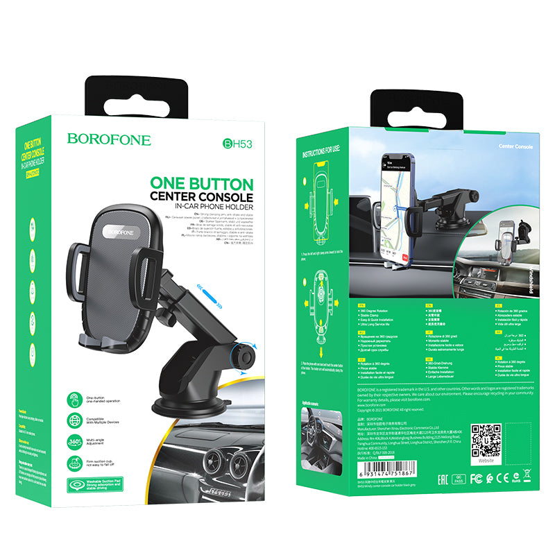 Suport Borofone Windy (BH53), with Suction Cup, for Dashboard/Windshield, 4.5-6.7" Phone, Negru Grey