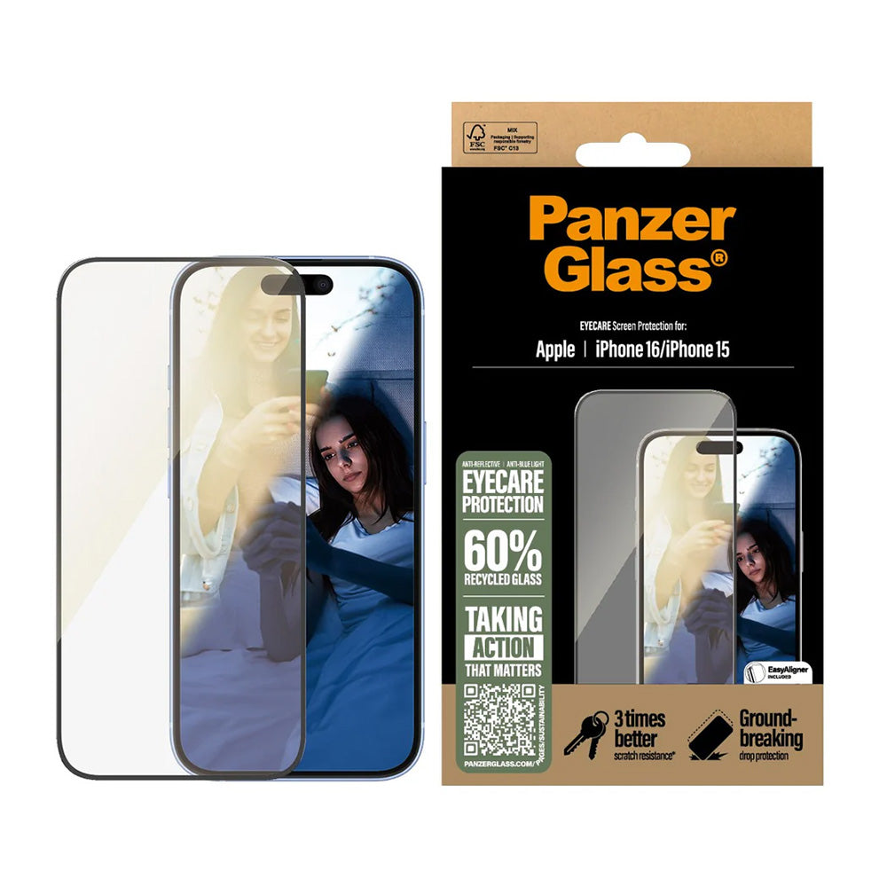 Folie de protectie PanzerGlass® Ultra-Wide Fit EyeCare compatibil cu iPhone 16 / iPhone 15, Negru