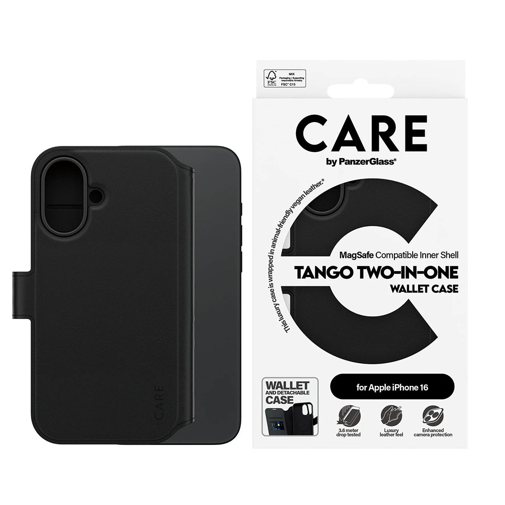Husa de protectie PanzerGlass® CARE Feature MagSafe Tango Two-in-One Wallet compatibil cu iPhone 16, Negru