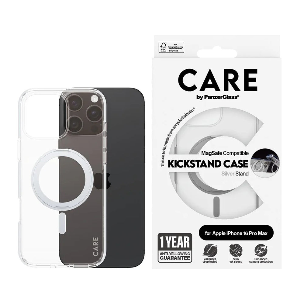 Husa de protectie PanzerGlass® CARE Feature Silver Kickstand & MagSafe compatibil cu iPhone 16 Pro Max, Transparent