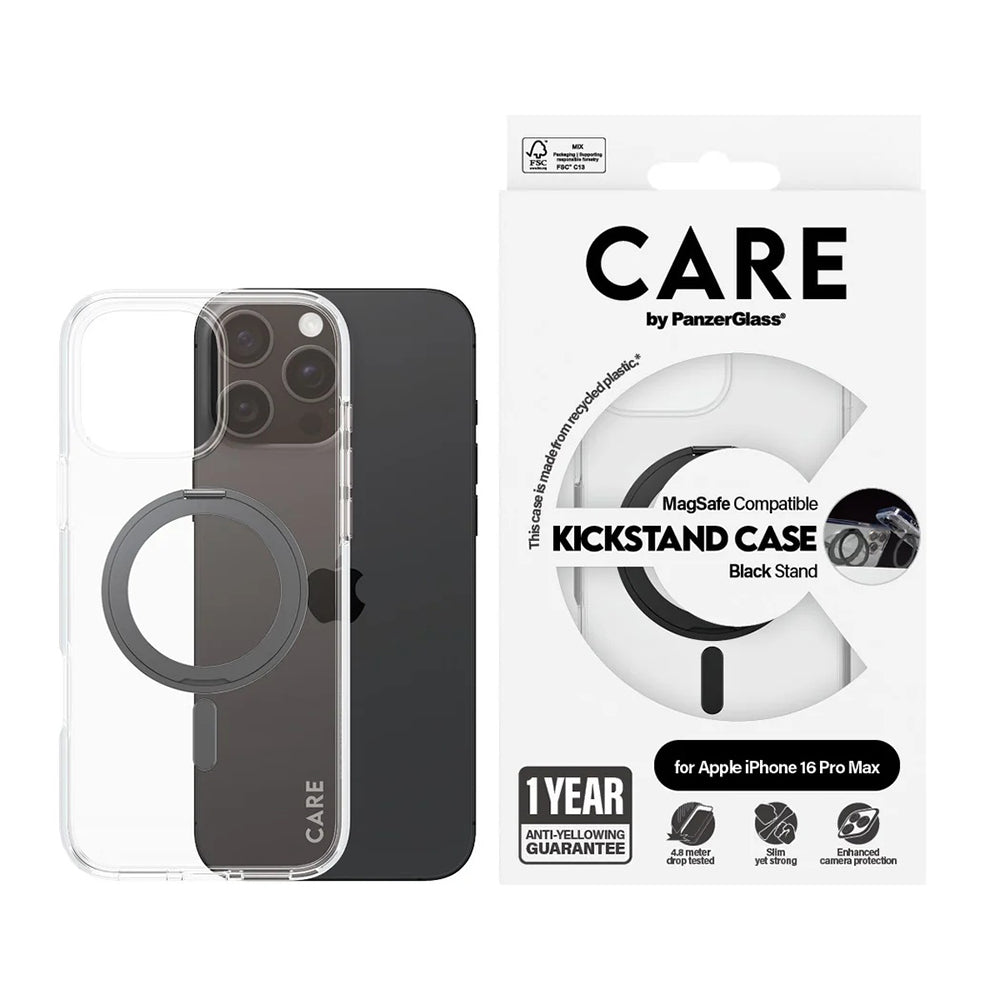 Husa de protectie PanzerGlass® CARE Feature Black Kickstand & MagSafe compatibil cu iPhone 16 Pro Max, Transparent