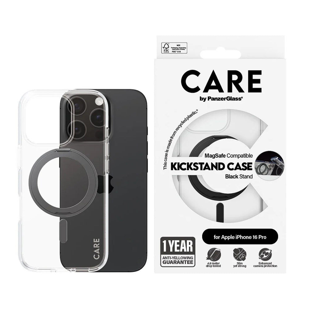 Husa de protectie PanzerGlass® CARE Feature Black Kickstand & MagSafe compatibil cu iPhone 16 Pro, Transparent