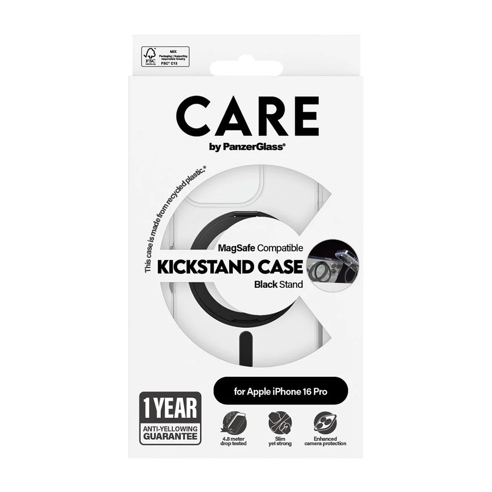 Husa de protectie PanzerGlass® CARE Feature Black Kickstand & MagSafe compatibil cu iPhone 16 Pro, Transparent