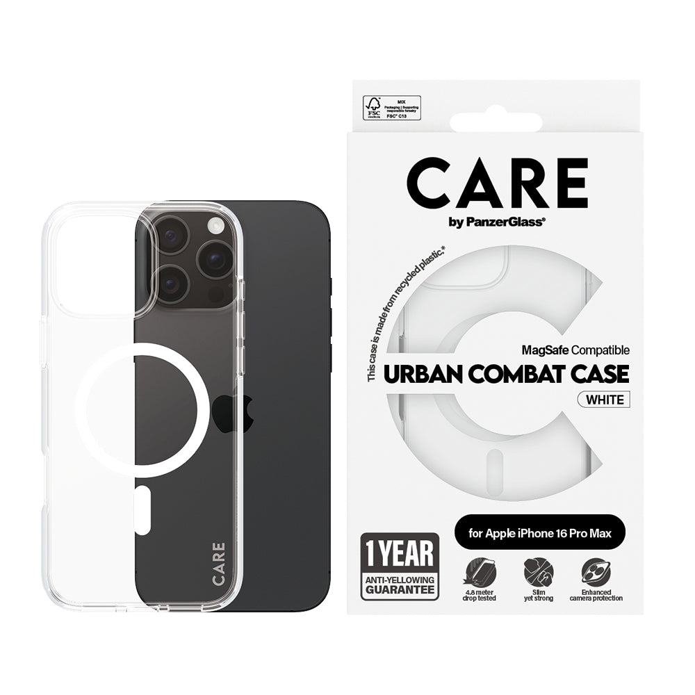 Husa de protectie PanzerGlass® CARE Flagship Urban Combat White MagSafe compatibil cu iPhone 16 Pro Max, Transparent