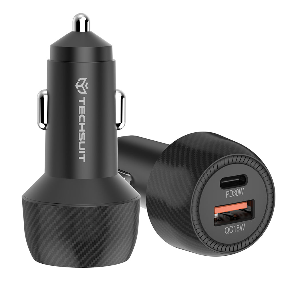 Incarcator Techsuit Car CarbonVolt (C7), Fast Charge 48W, USB, Type-C, QC3.0 18W, PD30W, Negru
