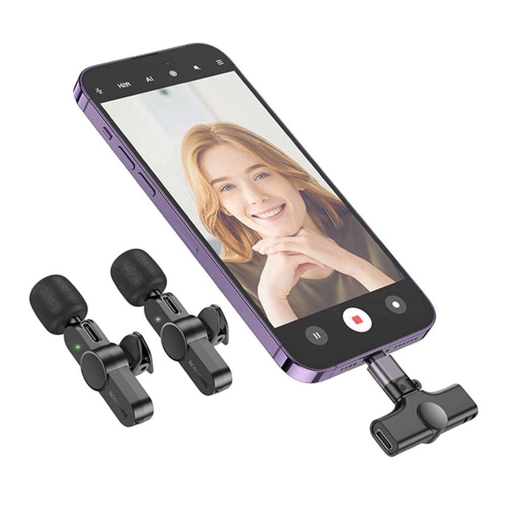 Casti Borofone (set de 2) Wireless Lavalier Microphones Trophy (BFK12), 2.4Ghz, Type-C, Lightning, 70mAh, Negru