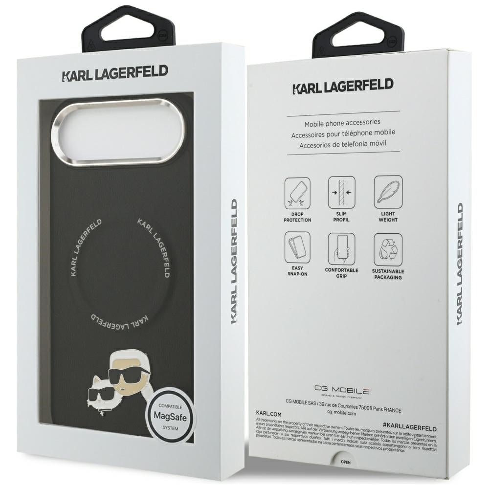 Husa de protectie Karl Lagerfeld Leather Karl & Choupette Pins MagSafe (KLHMP17MPSMLRKCK) compatibil cu iPhone 17 Air, Negru