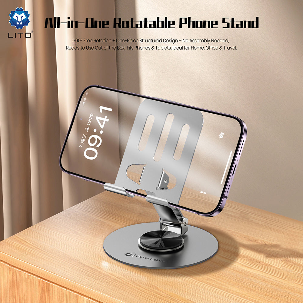 Suport Lito Phone (LT-H01), Foldable, 360° rotation, One-Hand Operation, Universal, Anti-Slip Design, Gri