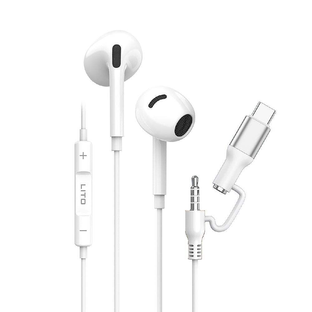 Casti Lito Wired Earphones (LF03), Jack 3.5mm, Type-C, Stereo, Half In-ear, with HD Microphone, 1.2m, Alb