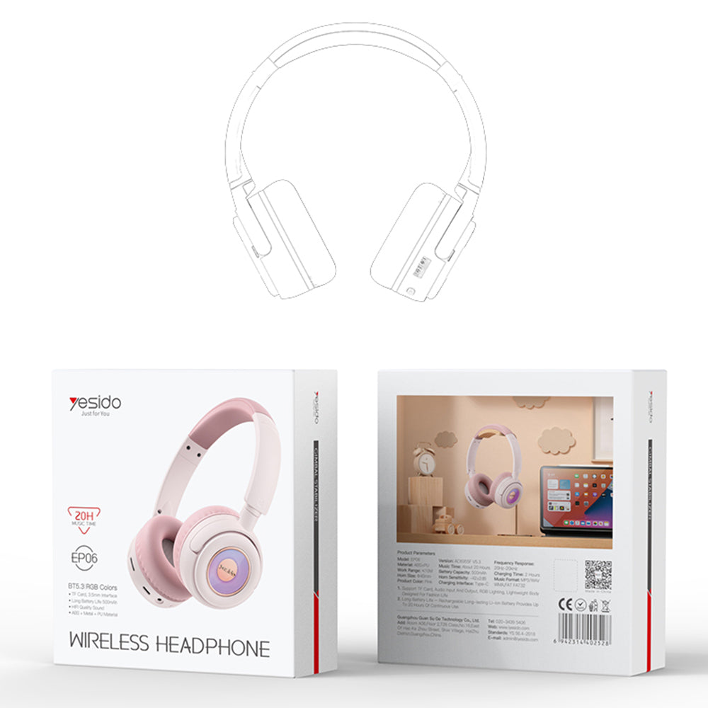 Casti Yesido Wireless (EP06), for Kids, with Bluetooth V5.3, Microphone, Support Audio Cable, 500mAh, Negru